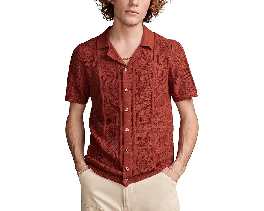ラッキーブランド スリーブ 半袖 メンズ 【 LUCKY BRAND CROCHET CAMP COLLAR SHORT SLEEVE SHIRT / BURNT HENNA 】 メンズファッション トップス Tシャツ カットソー