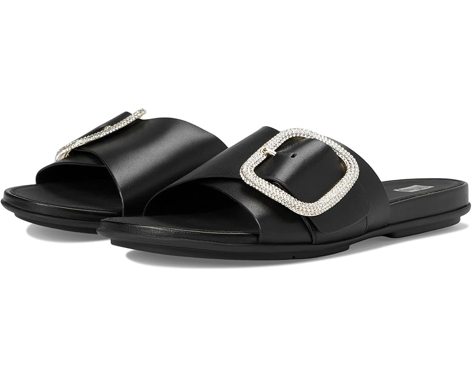フィットフロップ レザー 黒色 ブラック レディース 【 FITFLOP GRACIE CRYSTAL MAXI-BUCKLE LEATHER SLIDES / BLACK 】 サンダル