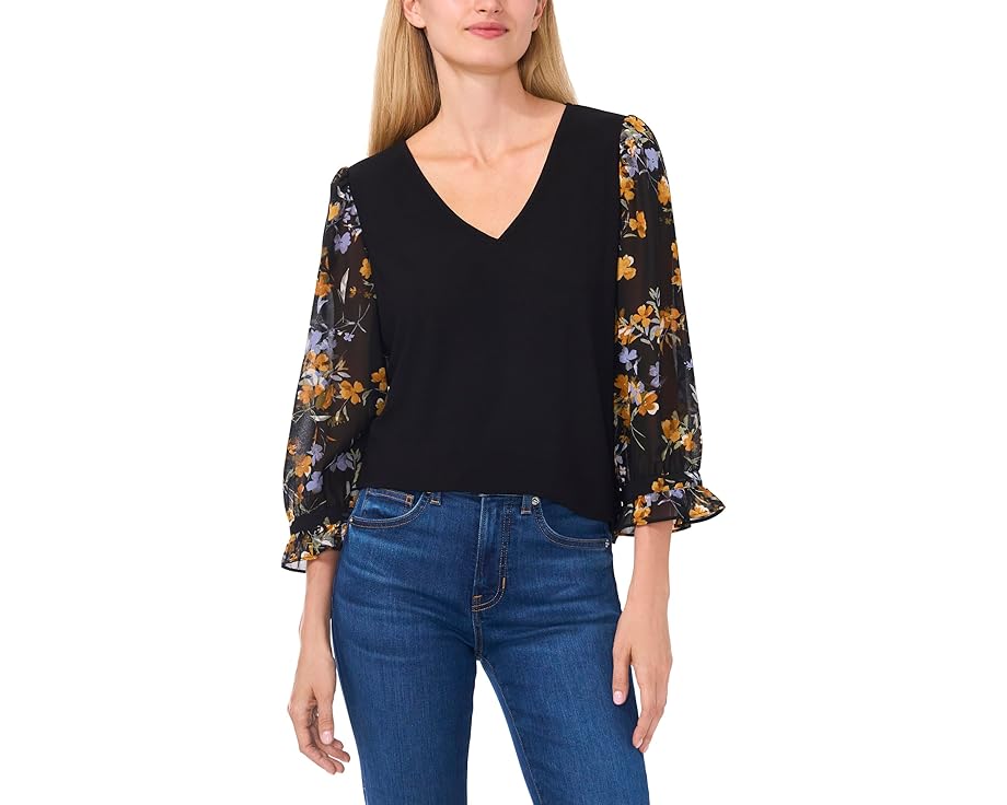 スリーブ 黒色 ブラック レディース 【 CECE V NECK MIX MEDIA 3/4 SLEEVE TOP / RICH BLACK 】 レディースファッション トップス Tシャツ カットソー