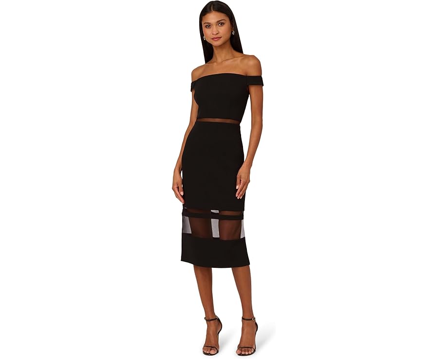 アドリアナパぺル ニット クレープ ドレス 黒色 ブラック ミディドレス レディース 【 ADRIANNA PAPELL KNIT CREPE MIDI DRESS / BLACK 】 レディースファッション