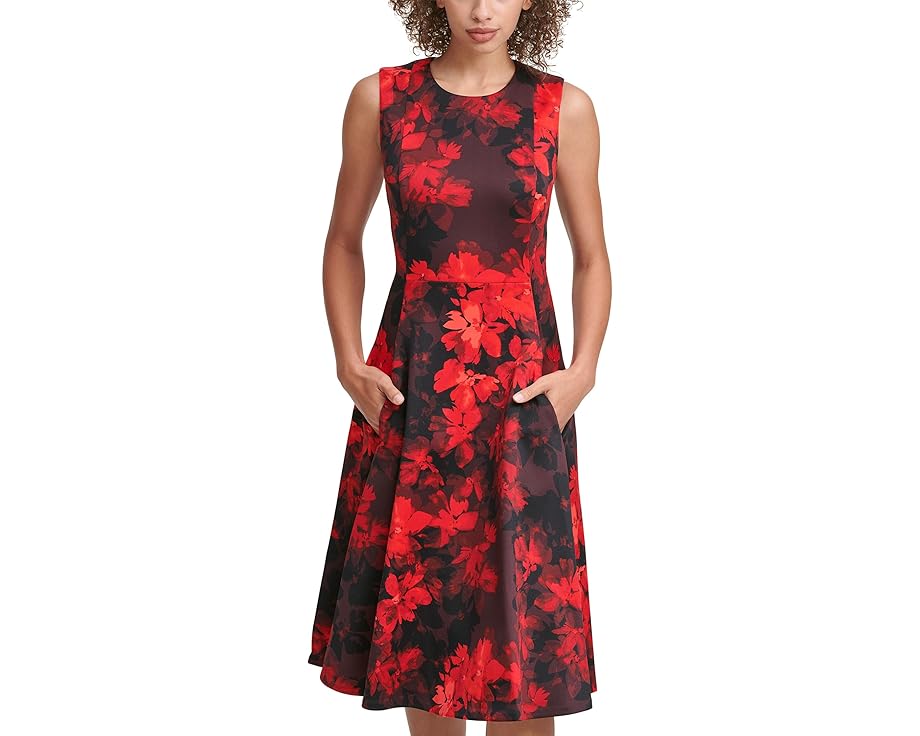 カルバンクライン 赤 レッド レディース 【 CALVIN KLEIN FLORAL FIT AND FLARE / RED MULTI 】 レディースファッション ドレス