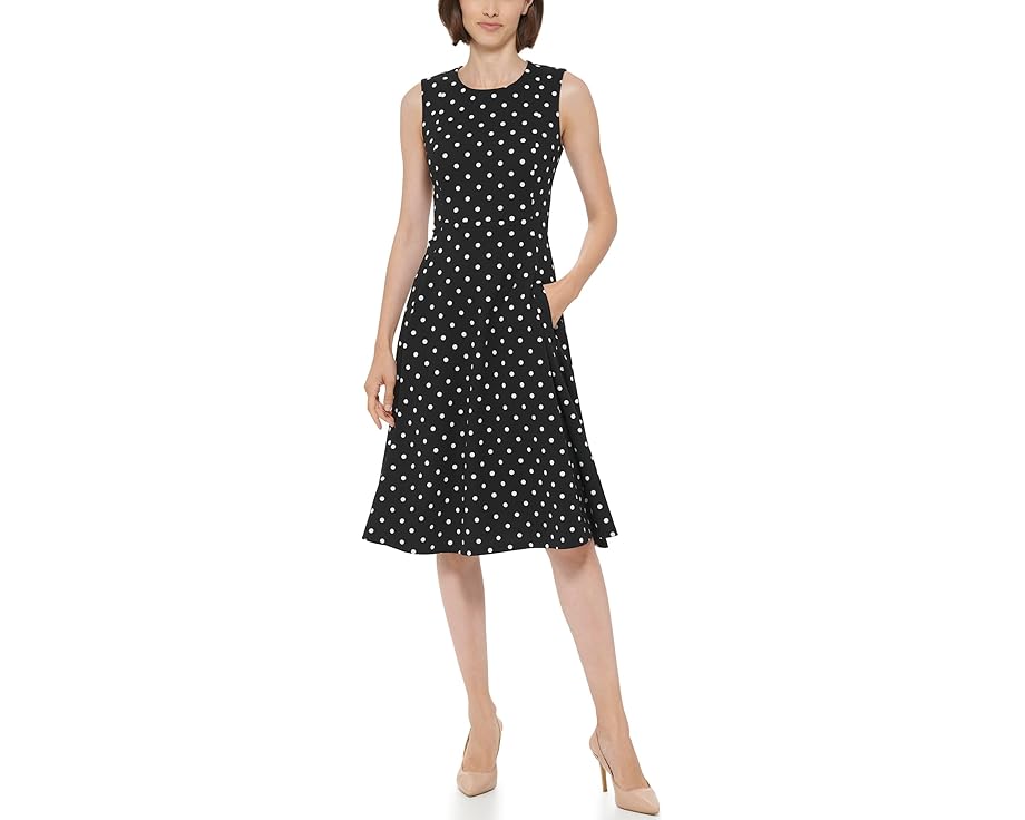 カルバンクライン クレープ ドレス 黒色 ブラック 白色 ホワイト レディース 【 CALVIN KLEIN POLKA DOT FIT AND FLAIR SCUBA CREPE DRESS / BLACK WHITE 】 レディースファッション