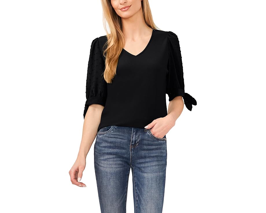 スリーブ Tシャツ ネクタイ 黒色 ブラック レディース 【 CECE PUFF SLEEVE TEE WITH TIE / RICH BLACK 】 レディースファッション トップス カットソー