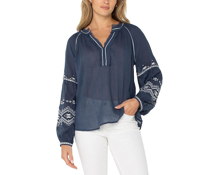 スリーブ ラグラン ウーブン 青色 ブルー ロサンゼルス 長袖 レディース 【 LIVERPOOL LOS ANGELES LONG SLEEVE RAGLAN WOVEN BLOUSE WITH EMBROIDERY / INSIGNIA BLUE EMBROIDERY 】 レディースファッション トップス Tシ