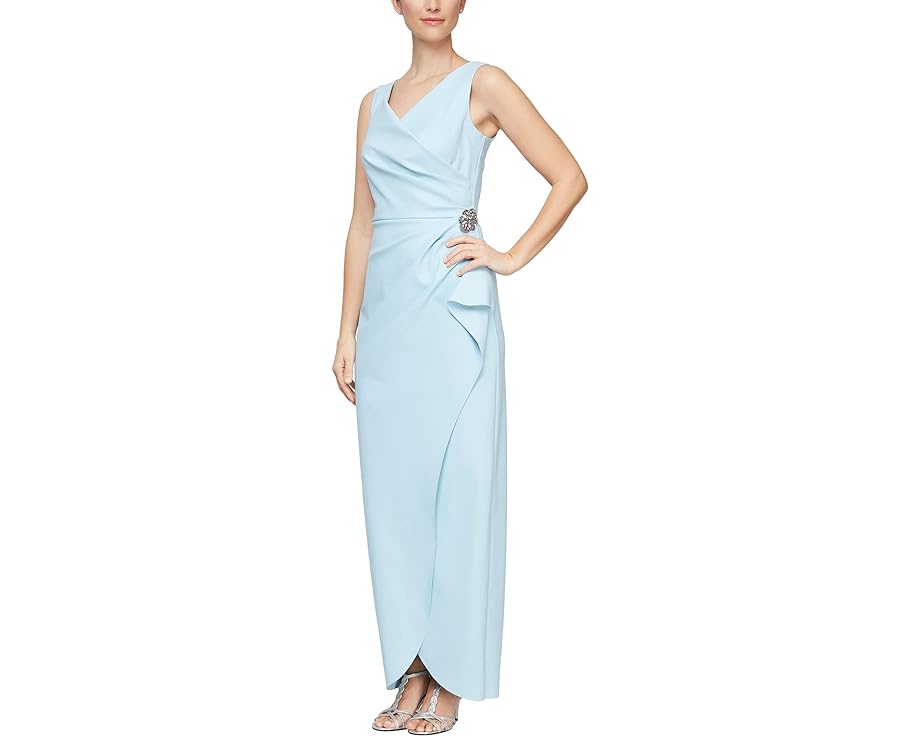 アレックスイブニングス ドレス カスケード 青色 ブルー レディース 【 ALEX EVENINGS SLIMMING LONG SIDE RUCHED DRESS WITH CASCADE RUFFLE SKIRT / LIGHT BLUE 】 レディースファッション｜スニケス