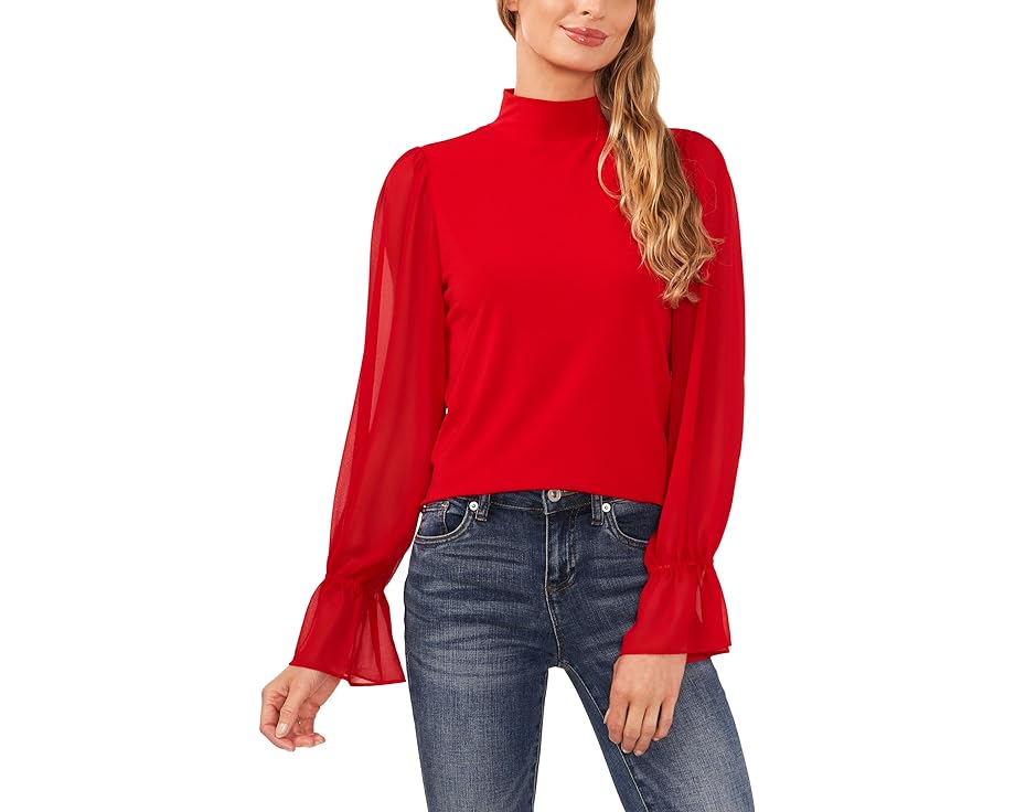 編み物 赤 赤いこと レディース 【 CECE MIXED MEDIA MOCK NECK KNIT TOP / LUMINOUS RED 】 レディース流行り物 トップス ティーシャツ カットソー