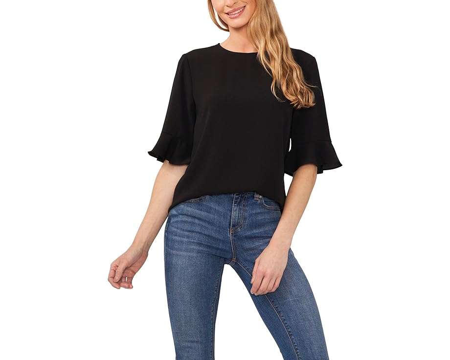 クルー 黒色 ブラック レディース 【 CECE RUFFLE CUFF CREW NECK BLOUSE / RICH BLACK 】 レディースファッション トップス Tシャツ カットソー｜スニケス