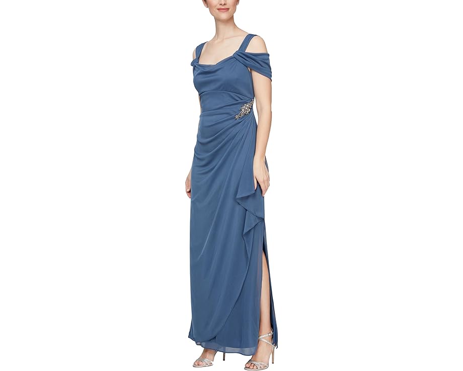 アレックスイブニングス ドレス レディース 【 ALEX EVENINGS LONG COLD SHOULDER DRESS WITH COWL NECKLINE / WEDGEWOOD 】 レディースファッション|スニケス