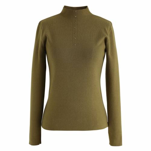 新品即決 シックウィッシュ Chicwish ニット 緑 グリーン Green Chicwish Buttoned Mock Neck Fitted Knit Top In Moss レディースファッション トップス 人気特価激安 Fiker Org