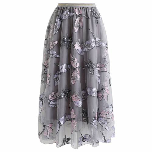 シックウィッシュ Chicwish 灰色 グレー レディース Chicwish Sequin Dragonfly Embroidery Mesh Tulle Skirt In Grey Dicsglobal Com