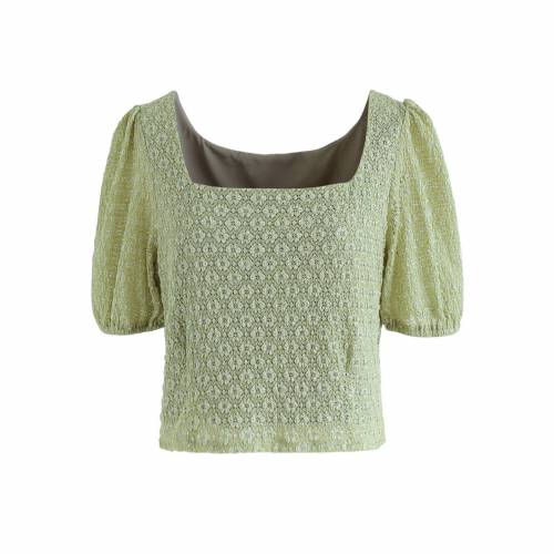 鯔背ウィッシュ Chicwish クロップ 緑色 翠色 クロップ真っ先 Crop Green Chicwish Airy Floret Crochet Square Neck In Moss レディースモード トップス ファッションブランド カジュアル ファッション Biolet Kr