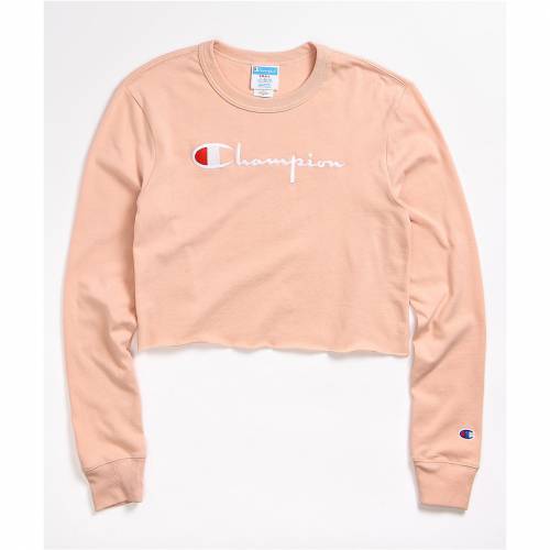 新作グッ チャンピオン Champion チャンピオン ロゴ スクリプト スリーブ クロップ Tシャツ ピンク 長袖 Sleeve Crop Pink Champion Logo Script Blush Peach Tshirt Light Pastel レディースファッション トップス T スニケス 独特な 送料無料 Science