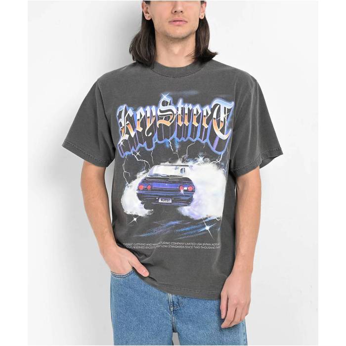 Key Street 【 Burn Out Grey Wash T-Shirt Men\u0027s Charcoal 】 薄墨色 薄墨色 プルオーバー メンズ 濃灰色