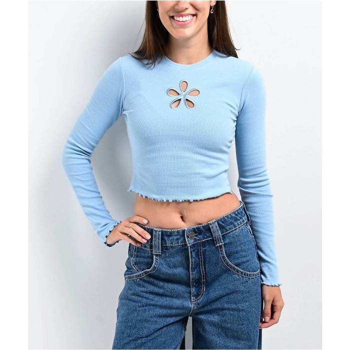 A.lab 【 Audrina Flower Light Blue Long Sleeve Crop T-Shirt Women\u0027s Light Pastel Blue 】 青み 青色 Sleeve 捩り Crop クロップ プルオーバー レディース 青み 青色