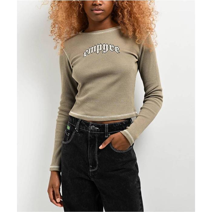【★百貨店SALE★6/11真夜中2時迄】帝国 Empyre 【 Thelma Mermaid Thermal Long Sleeve Crop T-Shirt Women\u0027s Green 】 Sleeve 衣袂 Crop クロップ ティーシャツ レディース green 緑・緑であること