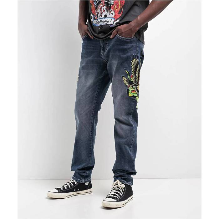 【★百貨店SALE★6/11真夜中2時迄】エドハーディー Ed Hardy 【 Eagle Snake Slim Straight Y2K Med Blue Denim Jeans Men\u0027s Blue 】 slim か細い 青碧 青碧 ジーンズ デニム メンズ 青碧 青碧
