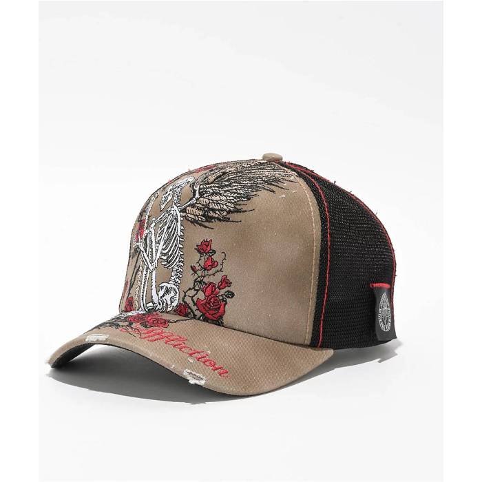【★百貨店SALE★6/11真夜中2時迄】アフリクション Affliction 【 Winged Reaper Brown \u0026 Black Trucker Hat Men\u0027s Beige 】 赤銅色 赤銅色 黒いこと 黒いこと トラッカー メンズ ベージュ