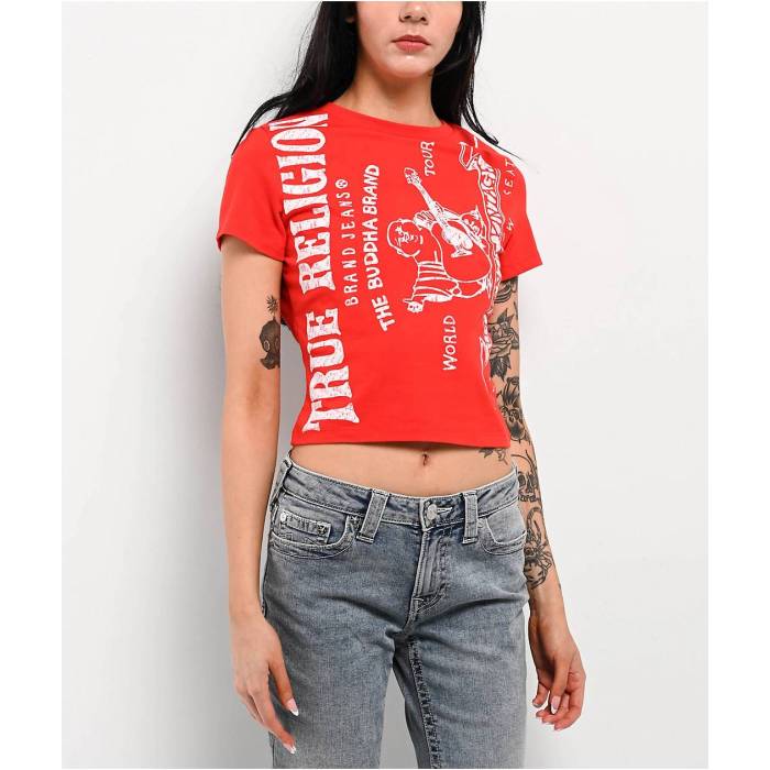 トゥルーレリジョン True Religion 【 Heritage Logo Red Crop T-Shirt Women's Red 】 ロゴ Red 赤・レッド Crop クロップ Tシャツ レディース Red 赤・レッド|スニケス