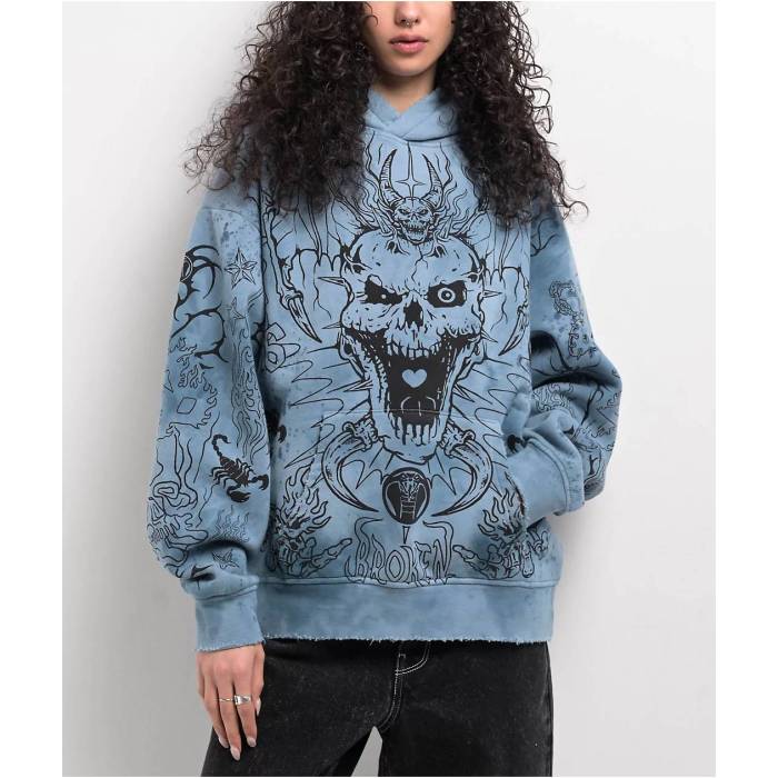 Broken Promises 【 Agitator Destroyed Blue Dyed Hoodie Women's Blue 】 青色 ブルー フーディー パーカー レディース 青色 ブルー