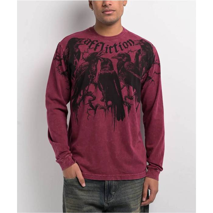 アフリクション Affliction 【 Afflicition Crows Burgundy Lava Wash Long Sleeve T-Shirt Men\'s Red 】 ワイン色・バーガンディー Sleeve スリーブ Tシャツ メンズ Red 赤・レッド
