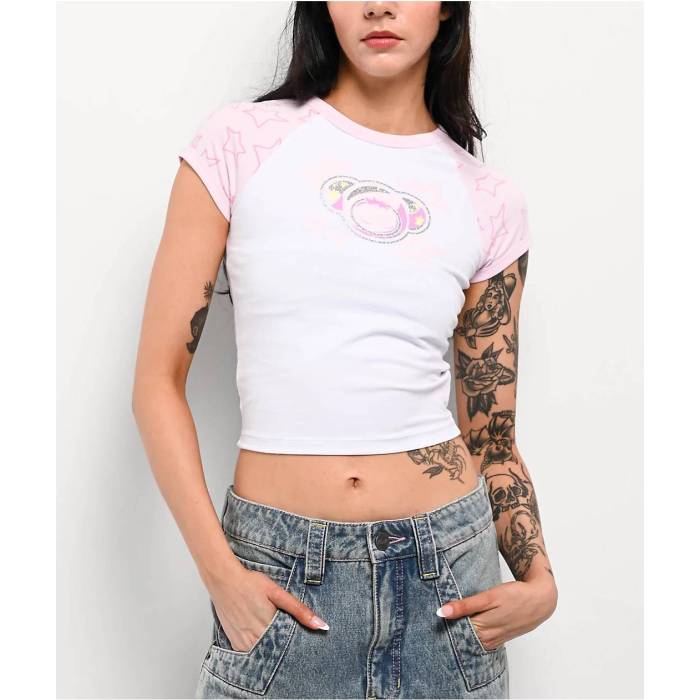 A.lab 【 Tammie Pink \u0026 White Raglan Crop T-Shirt Women Pink 】 pink ピンク 白色 ホワイト Raglan ラグラン Crop クロップ Tシャツ レディース pink ピンク
