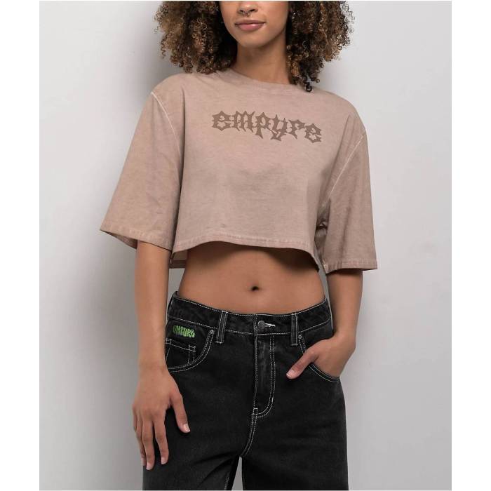 【★百貨店SALE★6/11真夜中2時迄】帝国 Empyre 【 Tavia Brown Wash Boxy Crop T-Shirt Women\u0027s Brown 】 赤銅色 赤銅色 Crop クロップ ティーシャツ レディース 赤銅色 赤銅色