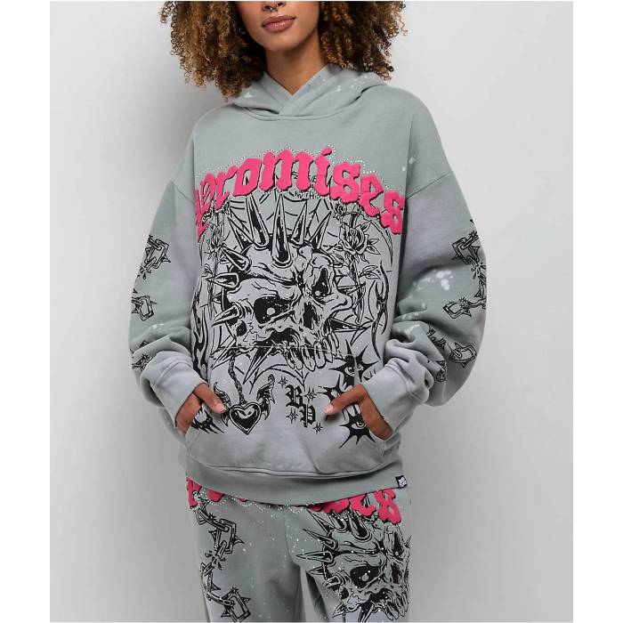 Broken Promises 【 Hysteria Grey Rhinestone Hoodie Women's Light Pastel Grey 】 灰色 グレー フーディー パーカー レディース 灰色 グレー