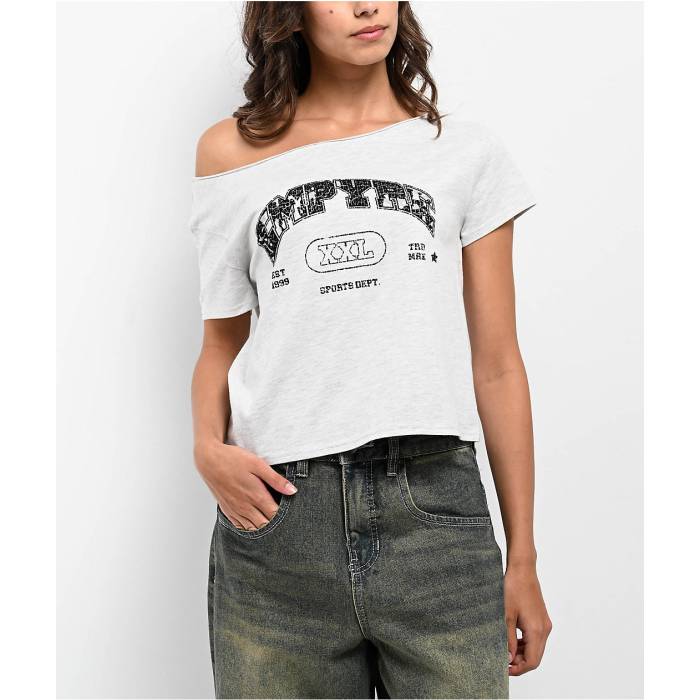 帝国 Empyre 【 Kasey Off Shoulder Grey Boxy Crop T-Shirt Women\u0027s Charcoal 】 薄墨色 薄墨色 Crop クロップ プルオーバー レディース 濃灰色