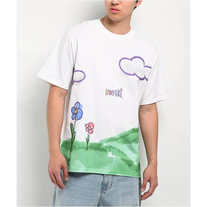 Wuuski 【 Flower Drawings White T-Shirt Men's White 】 白色 ホワイト Tシャツ メンズ 白色 ホワイト