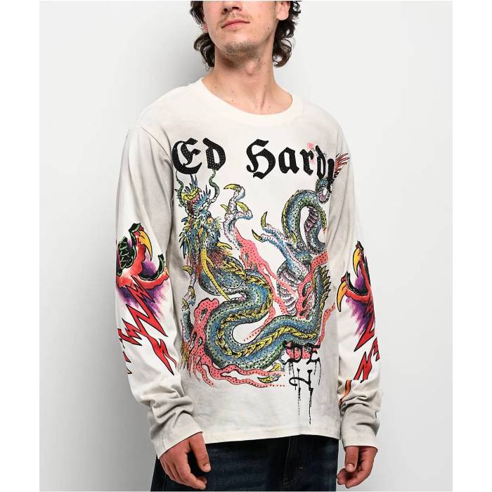 エドハーディー Ed Hardy 【 Dragon Rhinestone Ivory Long Sleeve T-Shirt Men's White 】 ドラゴン アイボリー Sleeve スリーブ Tシャツ メンズ 白色 ホワイト