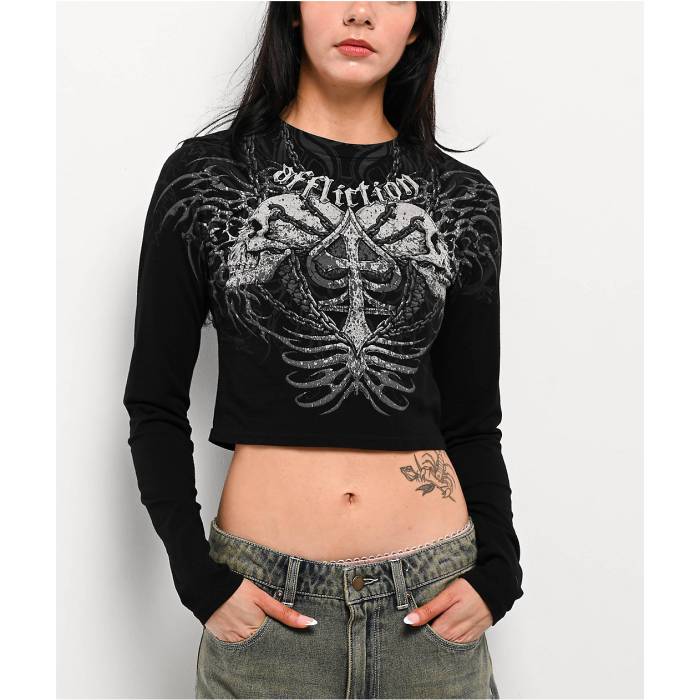 アフリクション Affliction 【 Charred Martyr Black Long Sleeve Crop T-Shirt Women's Black 】 黒色 ブラック Sleeve スリーブ Crop クロップ Tシャツ レディース 黒色 ブラック｜スニケス