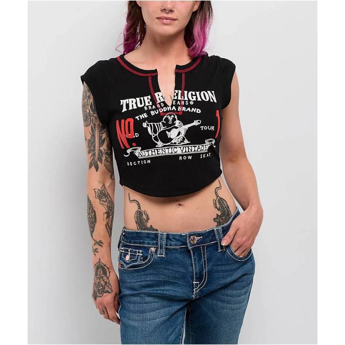 トゥルーレリジョン True Religion 【 Contrast Buddha V Notch Black Crop T-Shirt Women's Black 】 黒色 ブラック Crop クロップ Tシャツ レディース 黒色 ブラック