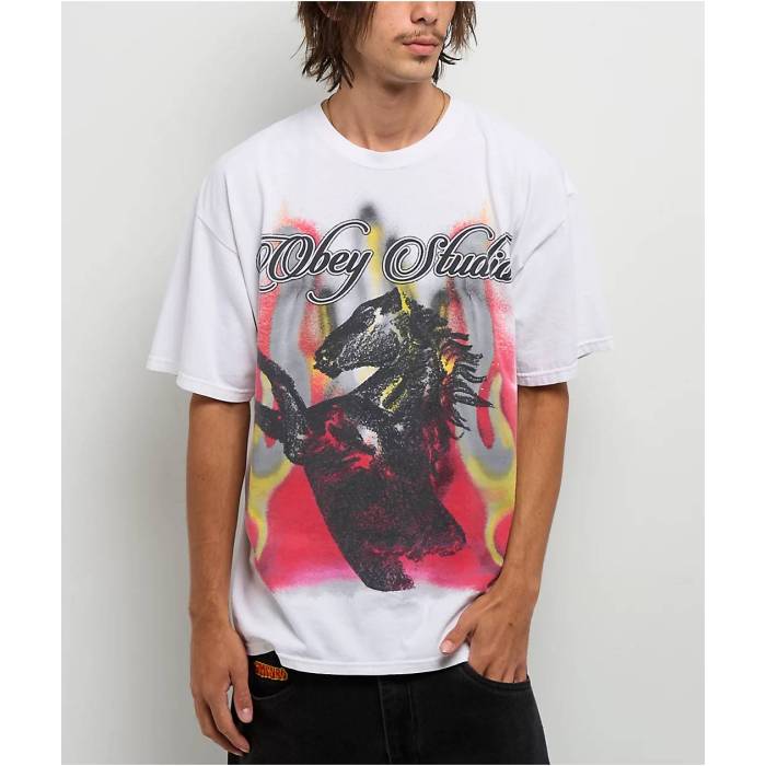 オベイ Obey 【 Studio Horse White T-Shirt Men\u0027s White 】 制作室 白いこと 白いこと プルオーバー メンズ 白いこと 白いこと