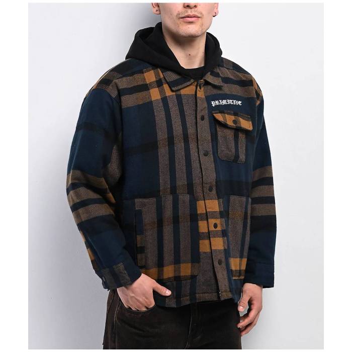 【★百貨店SALE★6/11真夜中2時迄】大時代 Primitive 【 De Soto Brown \u0026 Blue Hooded Flannel Jacket Men\u0027s Brown 】 赤銅色 赤銅色 青碧 青碧 ボンネット付 Jacket 上衣 メンズ 赤銅色 赤銅色