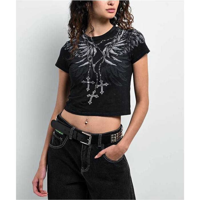 アフリクション Affliction 【 Rosary Of Life Black Crop T-Shirt Women's Black 】 黒色 ブラック Crop クロップ Tシャツ レディース 黒色 ブラック