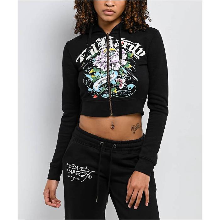エドハーディー Ed Hardy 【 Ice Flower Sunfade Black Crop Zip Hoodie Women's Black 】 黒色 ブラック Crop クロップ フーディー パーカー レディース 黒色 ブラック