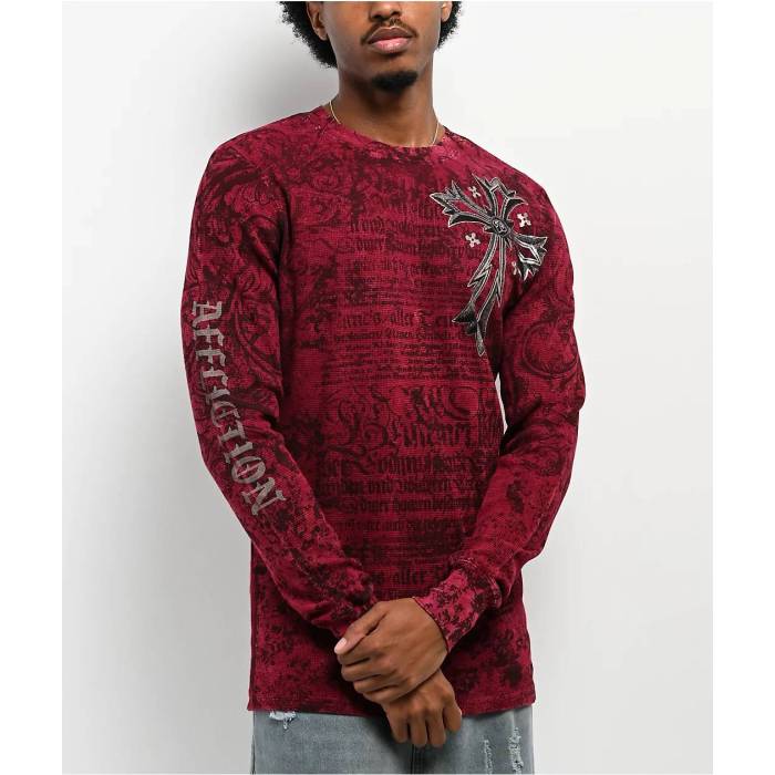 アフリクション Affliction 【 Rising Passage Red Wash Thermal Long Sleeve T-Shirt Men's Red 】 Red 赤・レッド Sleeve スリーブ Tシャツ メンズ Red 赤・レッド