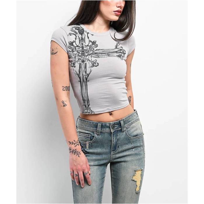 Ninth Hall 【 Alina Cross Grey Crop T-Shirt Women\u0027s Grey 】 薄墨色 薄墨色 Crop クロップ プルオーバー レディース 薄墨色 薄墨色