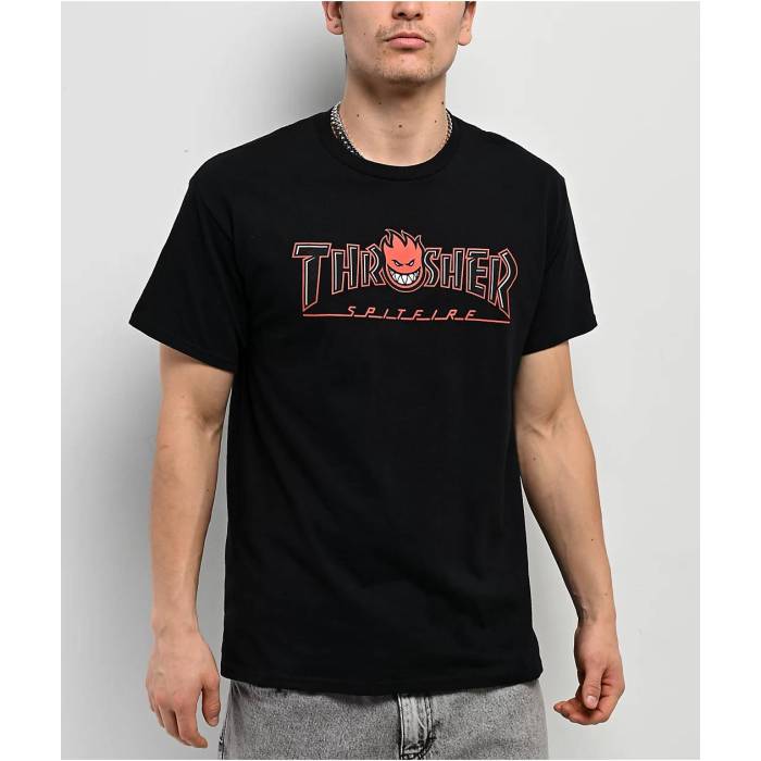 Thrasher 【 X Spitfire Bighead Outline Black T-Shirt Men\u0027s Black 】 黒いこと 黒いこと プルオーバー メンズ 黒いこと 黒いこと