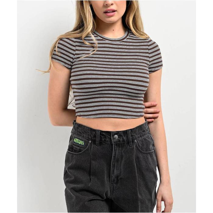 Zine 【 Irina Blue \u0026 Brown Stripe Crop T-Shirt Women\u0027s Brown 】 青み 青色 赤銅色 赤銅色 Stripe 縞模様 Crop クロップ プルオーバー レディース 赤銅色 赤銅色