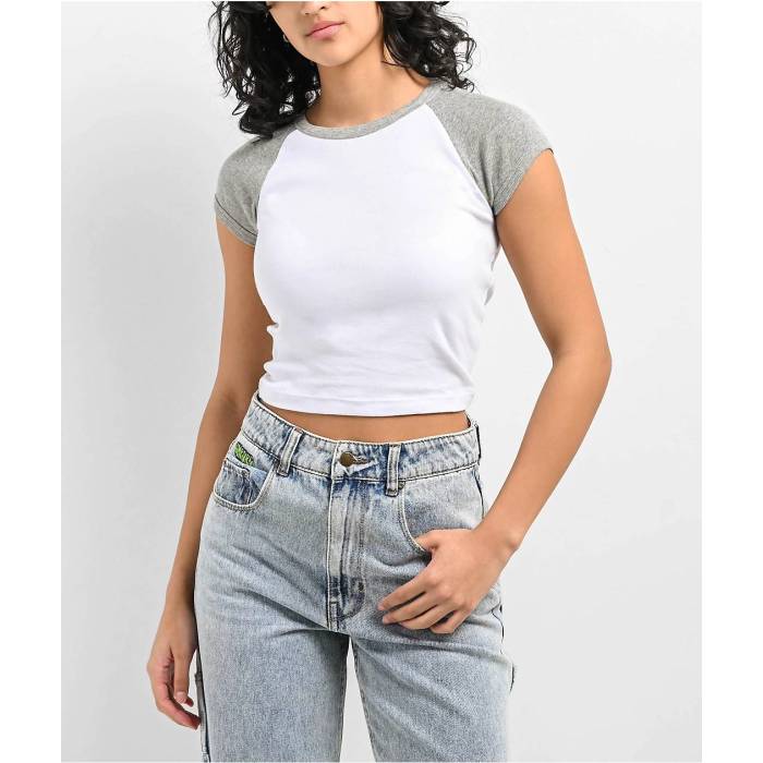 Zine 【 Pammie White \u0026 Grey Raglan Crop T-Shirt Women\u0027s White 】 白いこと 白いこと 薄墨色 薄墨色 Raglan ラグラン Crop クロップ プルオーバー レディース 白いこと 白いこと