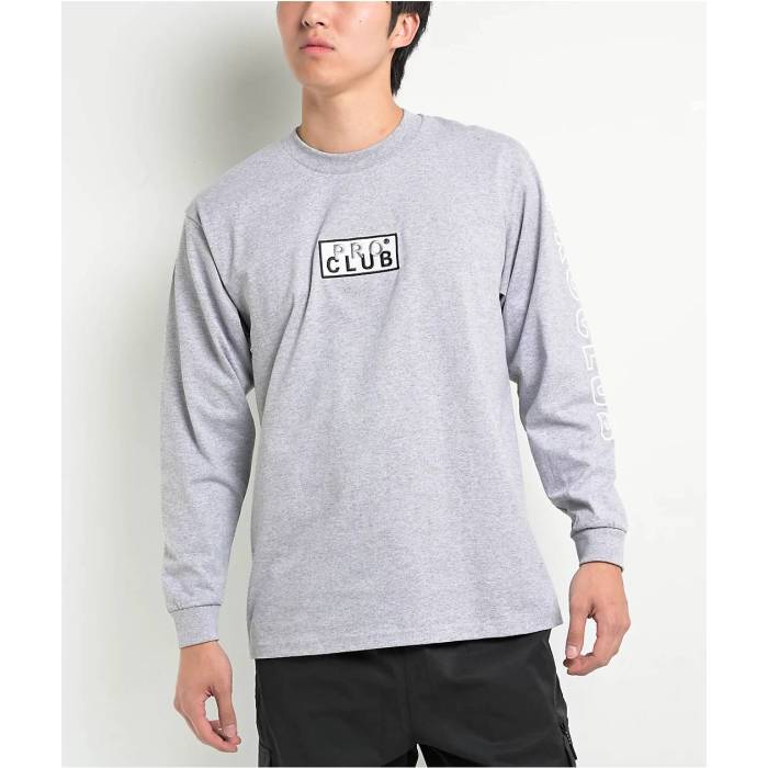 Pro Club 【 Embroidered Box Logo Grey Long Sleeve T-Shirt Men\u0027s Grey 】 ボックス席 ロゴタイプ 薄墨色 薄墨色 Sleeve 捩り プルオーバー メンズ 薄墨色 薄墨色