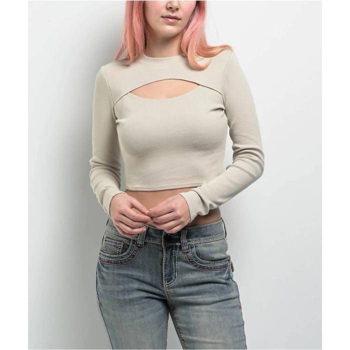 【★百貨店SALE★6/11真夜中2時迄】Ninth Hall Fundamentals 【 Krystie Beige Cutout Long Sleeve Crop T-Shirt Women\u0027s Grey 】 ベージュ Sleeve 衣袂 Crop クロップ ティーシャツ レディース 薄墨色 薄墨色