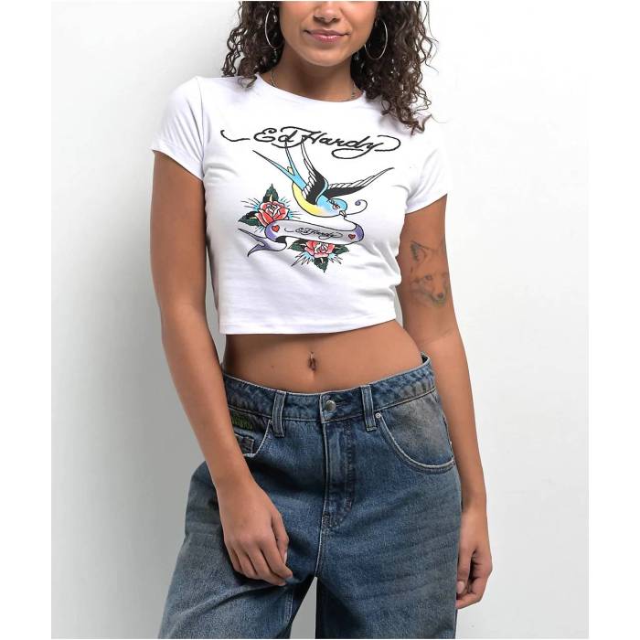 【★百貨店SALE★6/11真夜中2時迄】エドハーディー Ed Hardy 【 Swallow Bird White Crop T-Shirt Women\u0027s White 】 白いこと 白いこと Crop クロップ ティーシャツ レディース 白いこと 白いこと