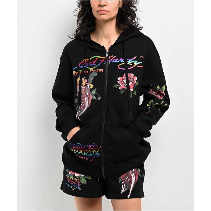 エドハーディー Ed Hardy 【 X Kim Petras Dagger Girl Black Zip Hoodie Women's Black 】 黒色 ブラック フーディー パーカー レディース 黒色 ブラック