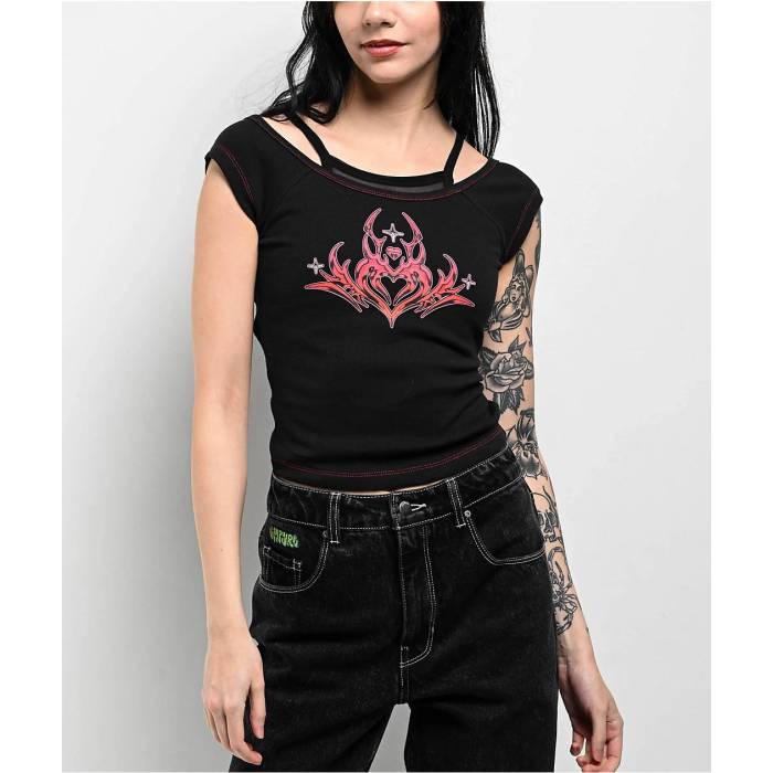 Vitriol 【 Keeli Off Shoulder Black 2Fer T-Shirt Women's Black 】 黒色 ブラック Tシャツ レディース 黒色 ブラック