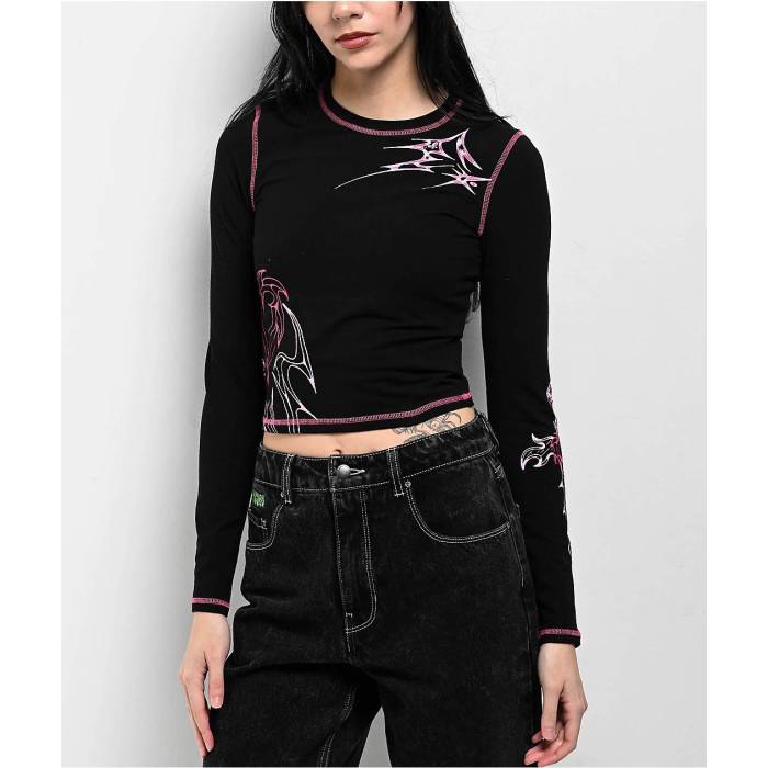 Vitriol 【 Lottie Black Long Sleeve Crop T-Shirt Women\u0027s Black 】 黒いこと 黒いこと Sleeve 捩り Crop クロップ プルオーバー レディース 黒いこと 黒いこと
