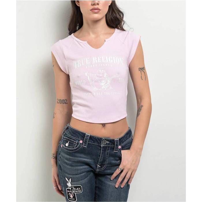 トゥルーレリジョン True Religion 【 Buddha Logo Notch Rib Pink Crop T-Shirt Women's Pink 】 ロゴ pink ピンク Crop クロップ Tシャツ レディース pink ピンク