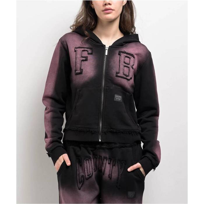Fb County 【 Bleach Dye Black & Pink Crop Zip Hoodie Women's Black 】 黒色 ブラック pink ピンク Crop クロップ フーディー パーカー レディース 黒色 ブラック
