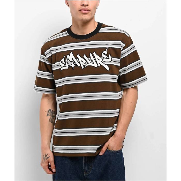 【★百貨店SALE★6/11真夜中2時迄】帝国 Empyre 【 Razor Stripe Brown Knit T-Shirt Men\u0027s Brown 】 Stripe 縞模様 赤銅色 赤銅色 編み物 ティーシャツ メンズ 赤銅色 赤銅色